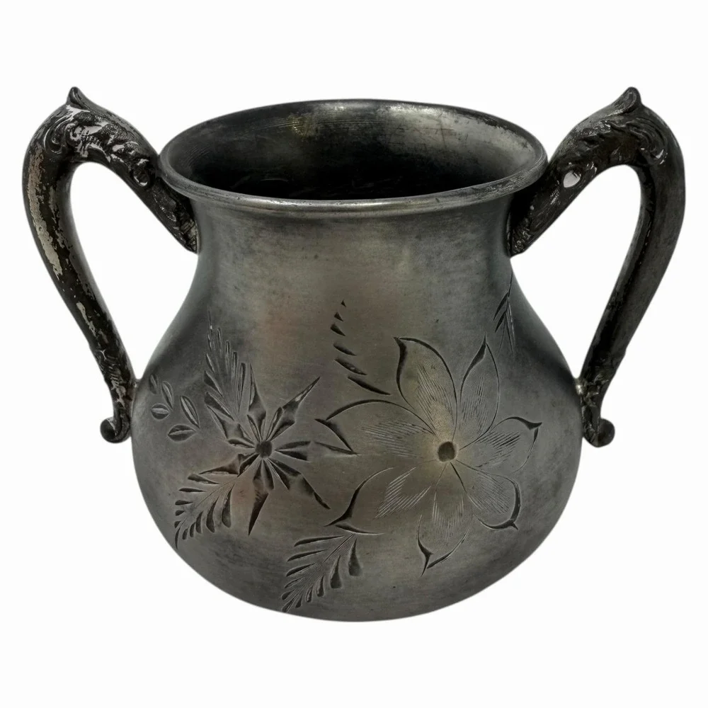 Antique Silver Plate Double Handle Sugar Bowl Floral Engraved Victorian Vessel